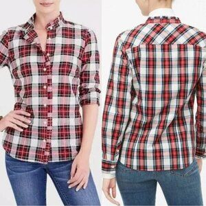EUC J Crew Womens Ruffle Collar Button Holiday shirt Tartan Plaid top shirt XS